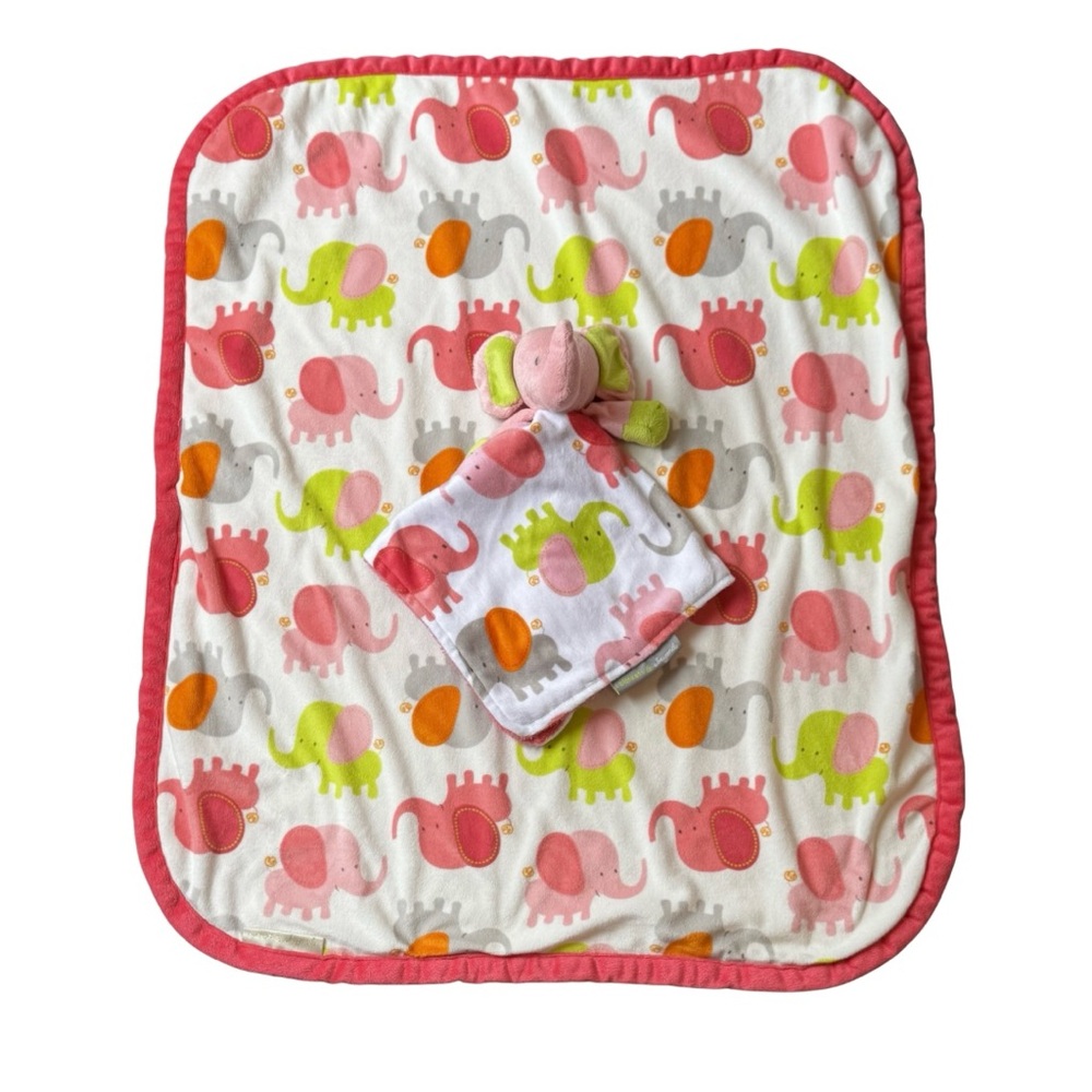 Blankets & Beyond Elephant Pink Green White Blanket and Lovey Security Blanket